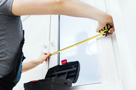 Aufmaßtechniker misst ein Fenster bei einem Kunden vor Ort aus