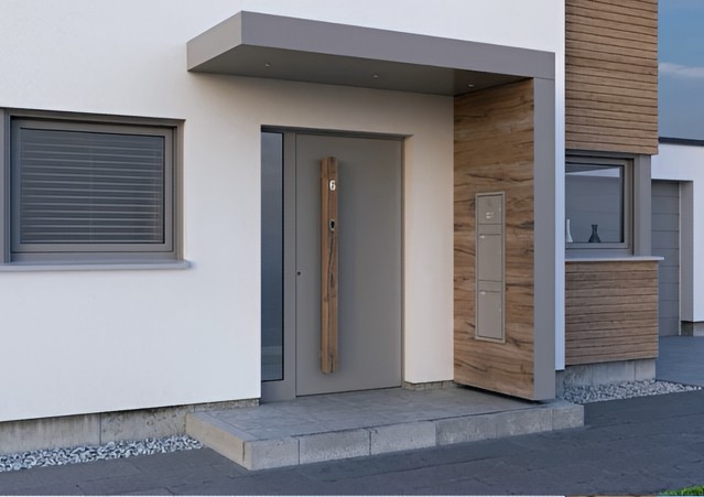 Kubisches Aluminium-Vordach mit einem kubischen Aluminium-Seitenteil an einem Hauseingang