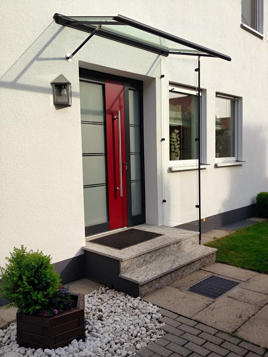 Aluminium-Glas-Vordach mit einer Konsole und einer Ganzglas-Seitenblende mit Stützpfosten - Ansicht von der Seite