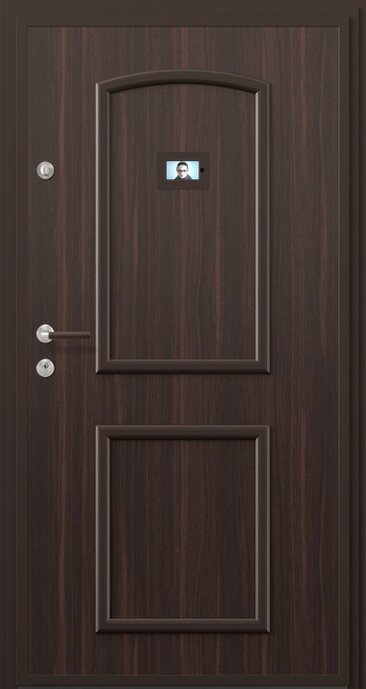 Wohnungseingangstür in Holzdekor mit Zierrahmen und digitalem Türspion