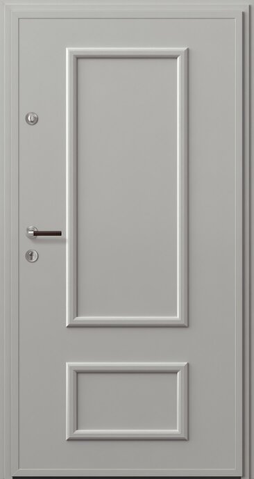 Wohnungseingangstür in grau mit Zierrahmen und Sperrbügel